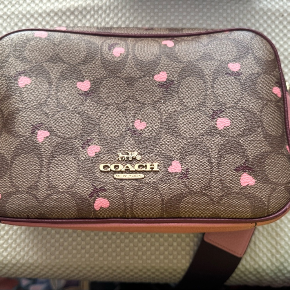 Coach Signature Brown and Pink Heart Crossbody Bag